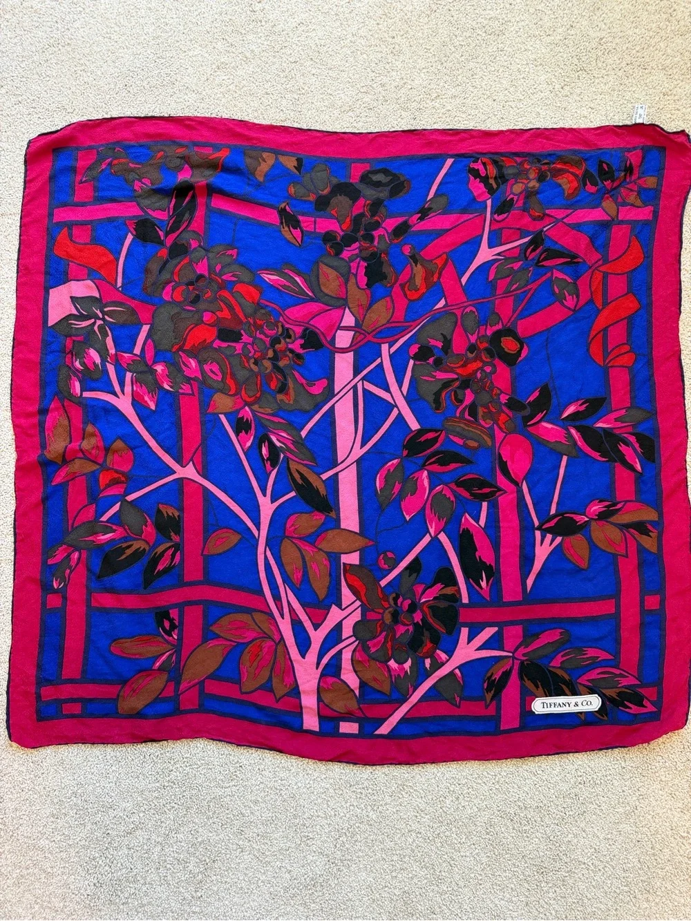 Tiffany & Co. Blue and Pink Floral Silk Scarf with Navy Accents